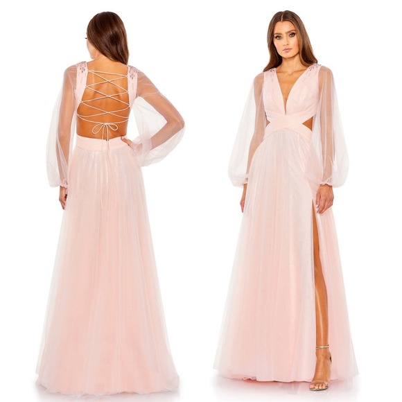 Mac Duggal NEW Tulle Sheer Long Sleeve Cut Out Lace Up A-line Gown Blush Size 6 - Picture 1 of 16